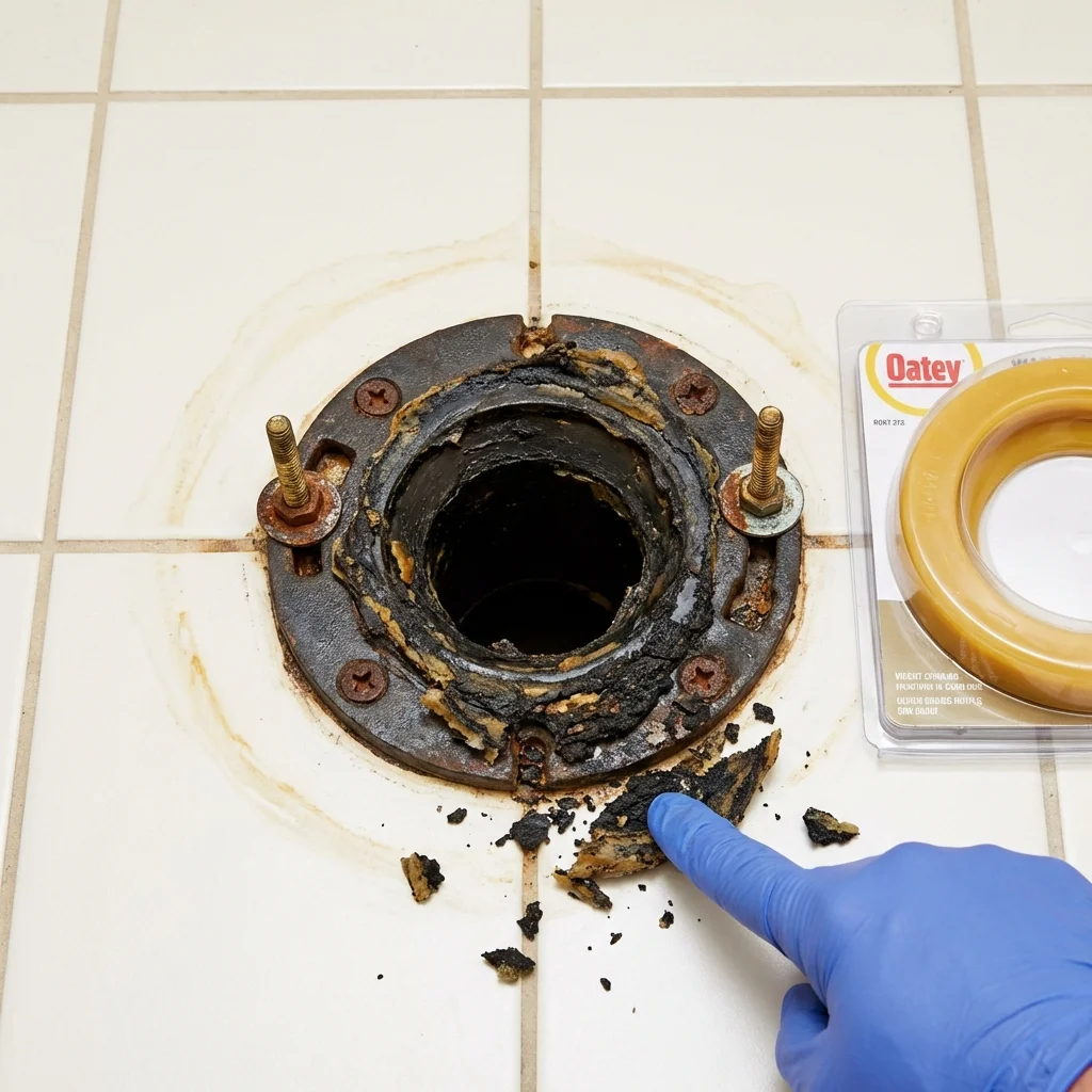 Failed wax ring showing water seepage at the base of a toilet in a Naples, NY home